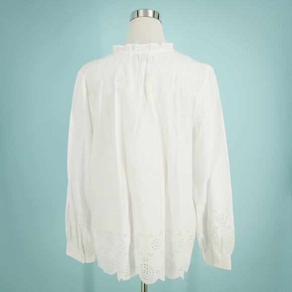 Talbots Size XL White Eyelet Embroidered Hem Detail Split V Neck Long Sleeve Top - Picture 3 of 6